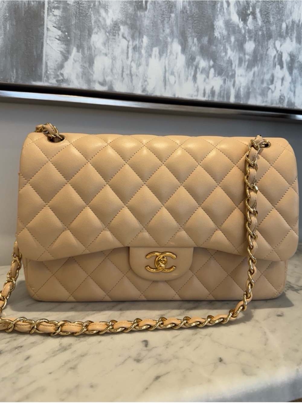 Chanel Classic Jumbo Double Flap Light Beige Lambskin Gold Hardware
